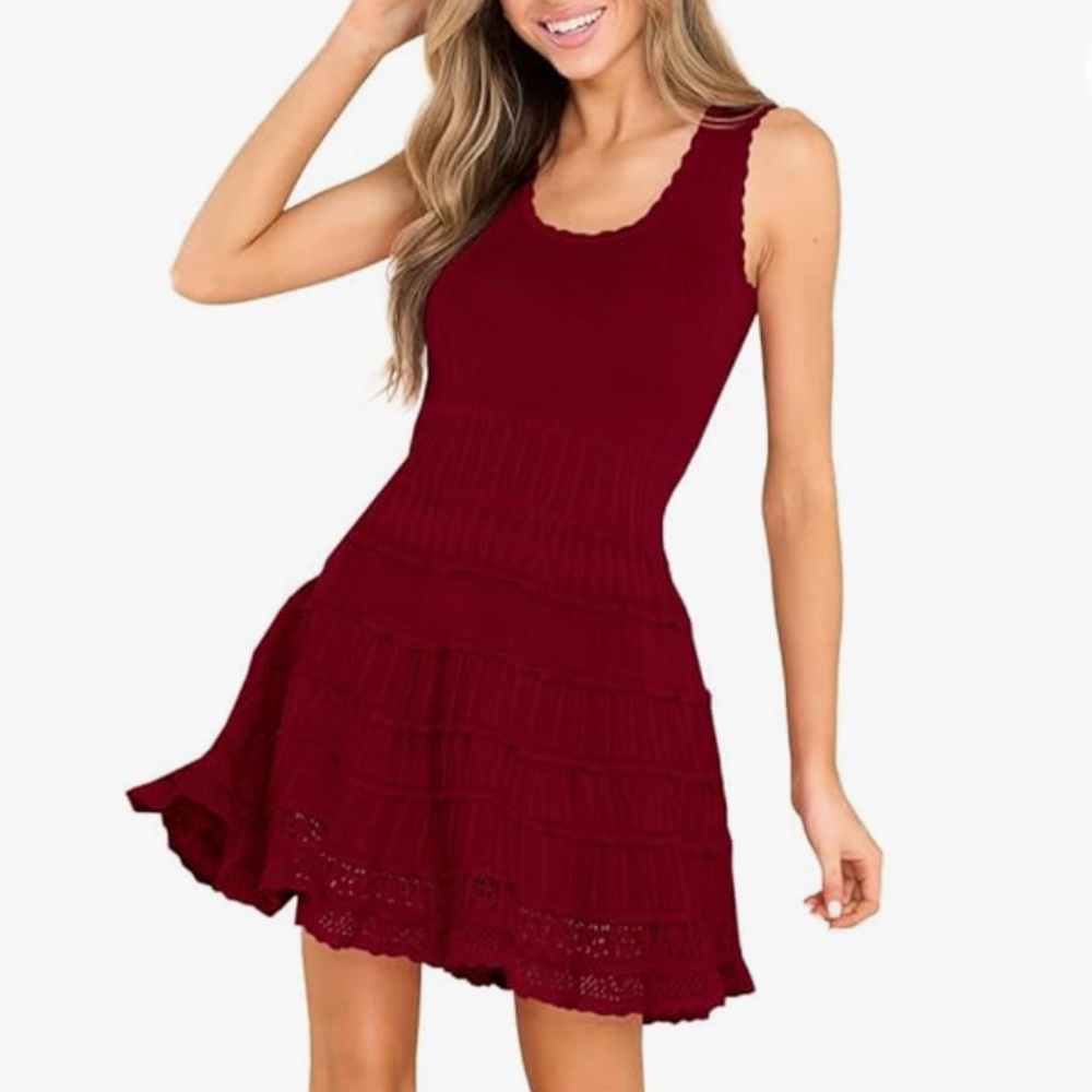 Burgundy Knitted Crochet Tank Sundress- Summer Casual Crewneck, Flowy Hem